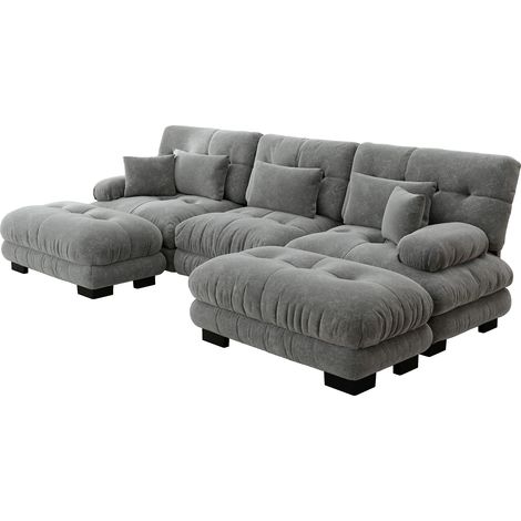 Divano Angolare Modulare U-Shape in Chenille Grigio con Ottomana, Seduta Profonda, Modello Cloud (1/5)