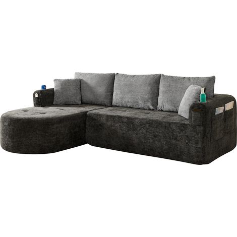 ELVMI Sofá esquinero L 5 plazas con portavasos de acero inoxidable y bolsillos laterales en tejido negro 255 x 170 x 67 cm (1/4)