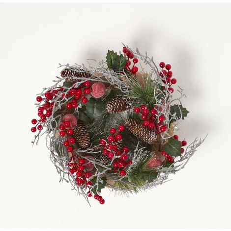 HOMESCAPES Artificial Christmas Wreath with Berries, Apples and Silver Decoration