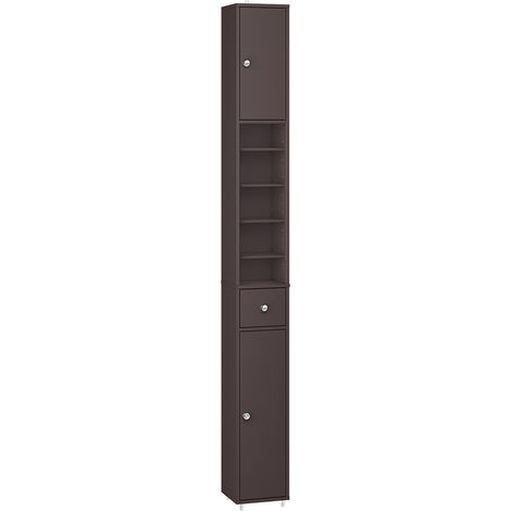 SoBuy Mueble Columna Baño, Armario de Almacenamiento Armario Estrecho, 1 Cajón, 2 Puertas y 5 Compartimentos Abiertos, Estantes Ajustables, Marrón, 20x20x180 cm, BZR34-II-BR