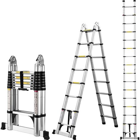 Scala telescopica in alluminio, 5 metri, Scala pieghevole, Scala multiusocarico massimo: 150 kg, Argento (1/4)