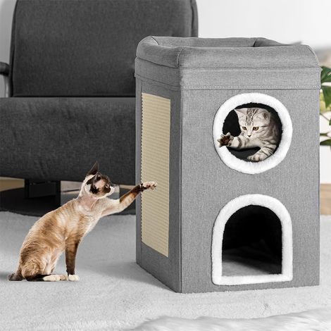 Niche pour Chat Pliable Gris 2 étagères Verticales, abris pour Animaux domestiques, griffoir en Polyester Chaud et rembourré, lit avec Base antidérapante 41 x 41 x 63 cm (1/5)