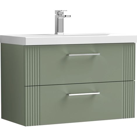 Belvide Partial Fluted 2 Drawer Wall Hung Vanity Unit with Mid-Edge 1 Tap Hole Ceramic Basin - 800mm - Satin Green (1/4)