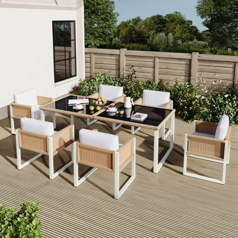 table repas salon jardin 6 places coussins rotin verre HAVRYA (1/5)