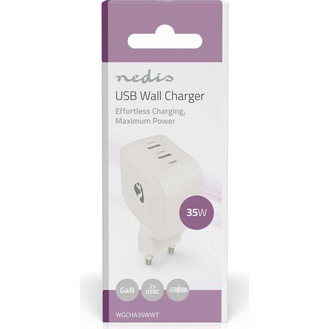 Nedis Netzladegerät / GaN / PD3.0 / 1.75 / 2.33 / 2.92 / 3.0 A / Anzahl der Ausgänge: 2 / 2x USB-C™ / Automatische Spannungswahl / Weiss