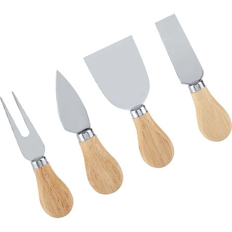 Set de 4 couteaux à fromage en inox avec manche en bois - lot de couteaux de découpe, trancheur et coupe-fromage professionnel (1/5)