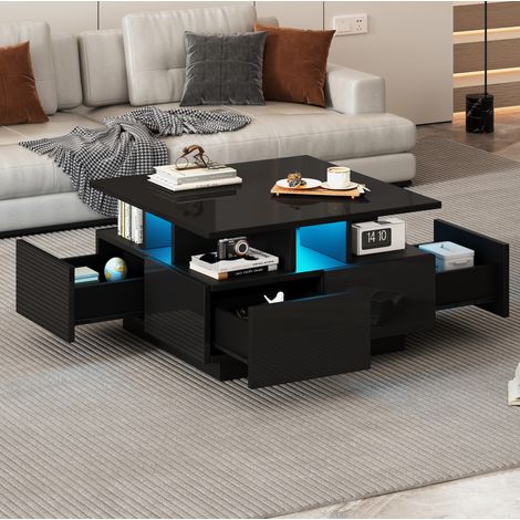 Tavolino da salotto in truciolare nero lucido 70 x 70 cm con LED e 4 cassetti (1/5)