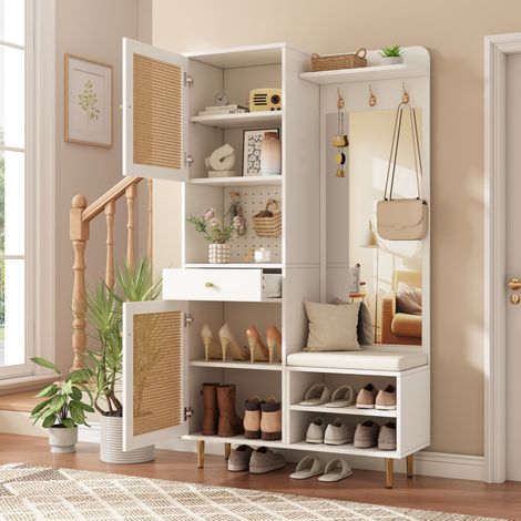 Set da ingresso 99x35x180 cm in MDF bianco e naturale con contenitore FloraGrace (1/5)