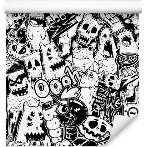 Papel pintado de monstruos en blanco y negro para salón y dormitorio, 50x1000 cm. (1/5)