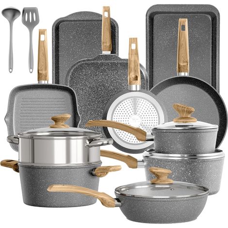 Kitchen Academy Lot de 17 casseroles et poêles antiadhésives, ensemble de poêles à induction, ensemble de casseroles antiadhésives en granit, gris