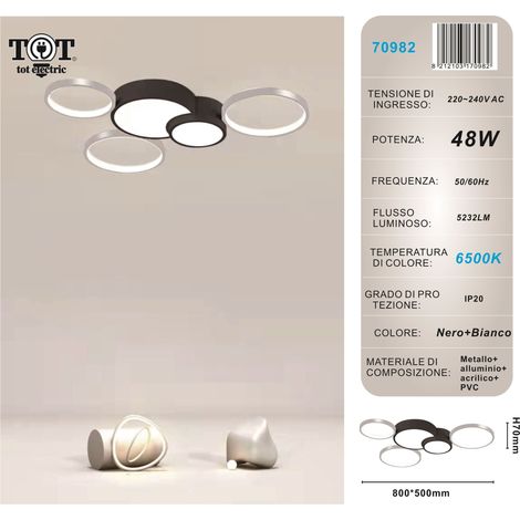 Plafoniera led 48w 5 cerchi argento nero lampada da soffitto design moderno luce per camera soggiorno cucina  Bianco freddo