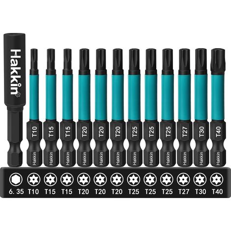 Lot de 12 embouts Torx - Longueur 55 mm - Tournevis étoile Torx T-Star - Assortiment de 1/4" S2 - Avec porte-embout magnétique - T10, T15, T20, T25, T27, T30, T40 (1/5)