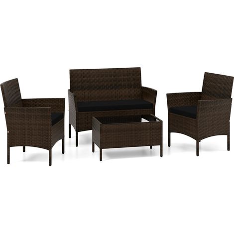 Détente en extérieur, salon de jardin en rotin avec coussins et table basse en verre pour terrasse ou porche (1/5)