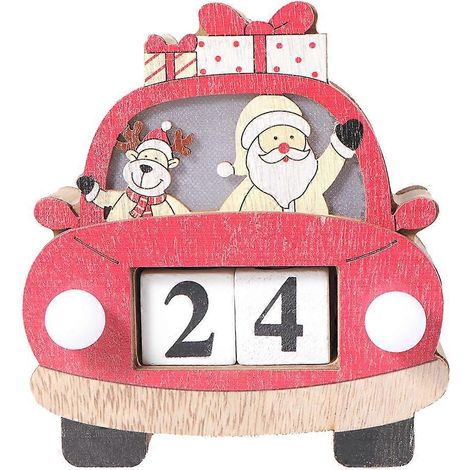 Calendrier de Noël lumineux en bois, décoration de bureau, calendrier perpétuel réutilisable, en forme de voiture, avec le Père Noël et des rennes, bloc de calendrier lumineux.-14133.5cm