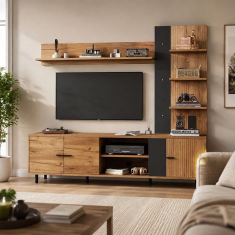 Mueble TV mural 187,5 x 40 x 167 cm, 3 espacios de almacenaje, madera y negro OKMYHOME (1/5)