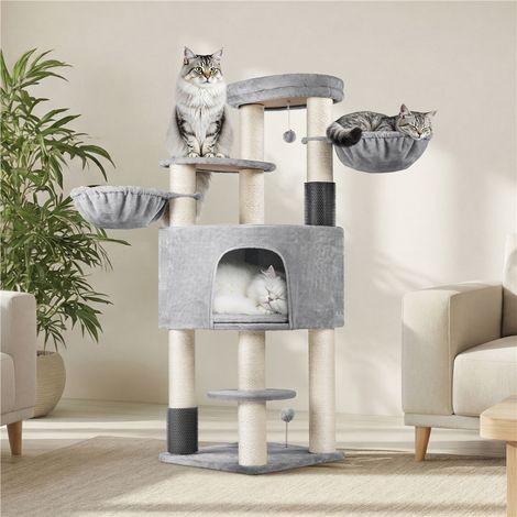 Homevive Árbol Rascador para Gatos Torre para Gatos con Postes Rascadores 2 Cepillos Rodillos Percas Condominio Cestas Bola Colgante para Gatos Grandes Gris Claro/Beige (1/5)