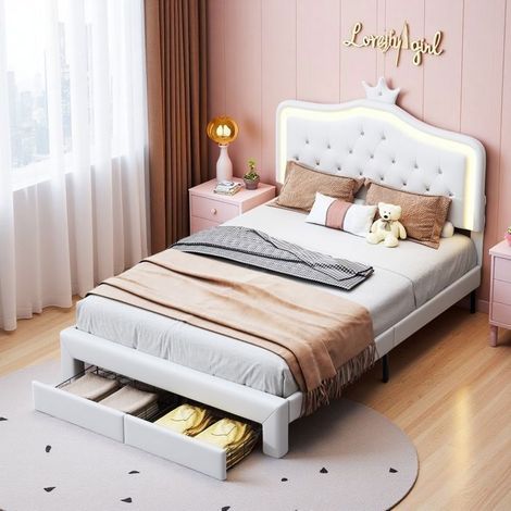 Bett Kind 140x200 - LED Krone - 2 Schubladen - Struktur Weißes Metall - Lattenrost Inklusive