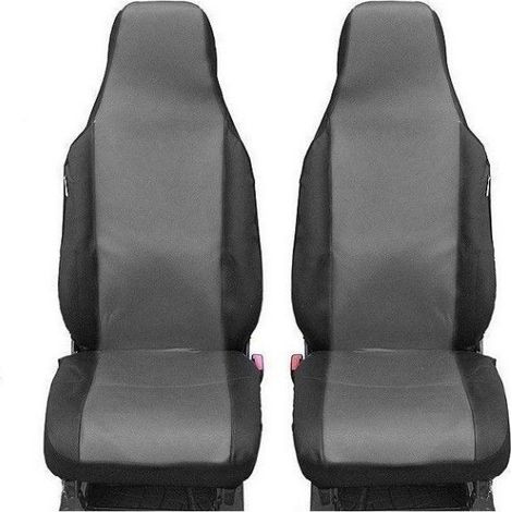 1+1 Set mit integriertem Kopfstützenbezug, universelle Autositzbezüge für Vordersitze, Farbe Grau-Schwarz, Textil