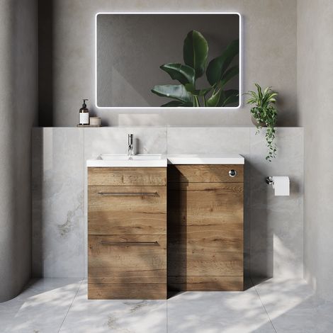 Napoli 390 Tobacco Oak 1000mm 2 Drawer Vanity Unit Toilet Suite with Left Hand Square Lucia Basin - 1000mm - Chrome 320mm HandleWithout Kingston Toilet Pan
