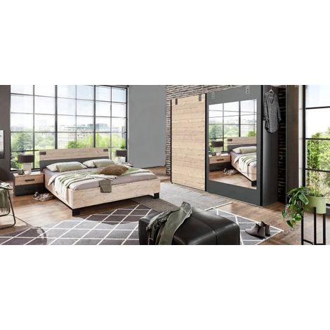 Chambre à coucher complète adulte (lit 180x200cm + 2 chevets + armoire) coloris chêne -PEGANE-