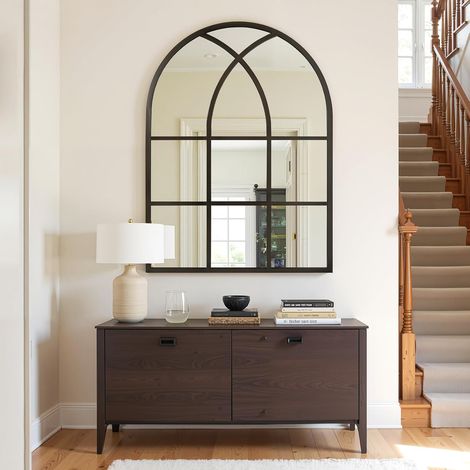 Miroir de fenêtre arqué 75 x 120 cm noir rustique pour intérieur salon, couloir, entrée, décoration de jardin extérieure (1/5)