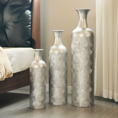 Set de 3 Vases de Sol 50/66/83 cm en Métal, Design Vagues Argentées, Cache-Pots Décoratifs, Argent (1/4)