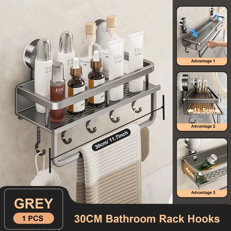 Étagère de salle de bain à ventouses (30 cm, grise) - Fixation murale en aluminium sans perçage - Organisateur de salle de bain à suspendre au mur (1/5)