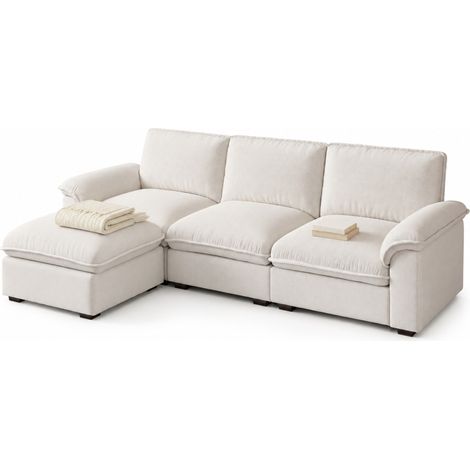 Canapé d'angle modulable 4 places 260x154 cm chenille beige, ottomane pour salon moderne. - CHICFURN (1/5)