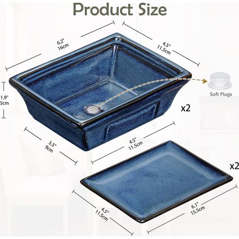 2er-Set Keramik Bonsai-Töpfe flach blau mit Entwässerungsloch 16cm (1/5)