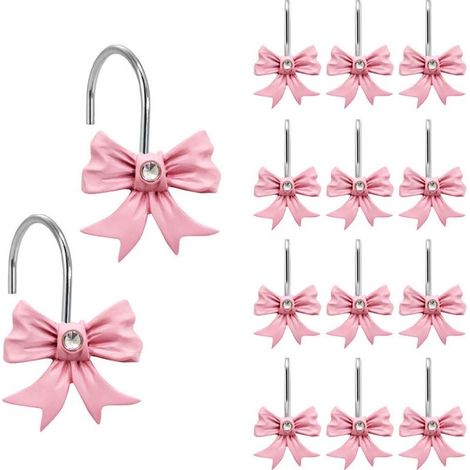 12 ensembles de crochets décoratifs pour rideau de douche, crochets en résine avec nœuds roses (1/5)
