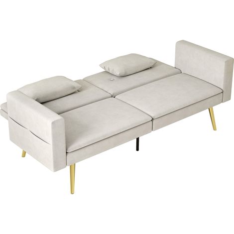 Canapé-lit 2 places dossier réglable velours beige coussins souples salon chambre 130x190cm