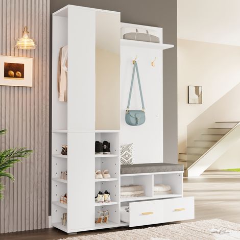 Ensemble Garderobe Murale Blanche 120×35×190 cm – Miroir + Porte-Manteaux 3 Haken + Banc Chaussures + 2 Tiroirs + Étagère Ouverte