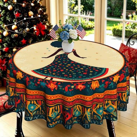 Nappe ronde imprimée en 2D, motif floral afro-américain, style folk art, 1 pièce. Élégante et décorative, elle est idéale pour la cuisine, les repas, les fêtes et le jardin. (1/4)