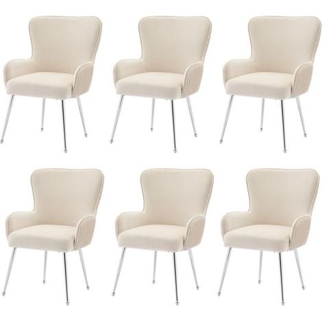 Chaise - Lot de 6 - Velours beige - Accoudoirs & dossier plissé - Pieds métal réglables, mousse 10 cm (1/5)