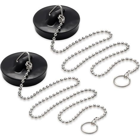CCYKXA Set of 2 Drain Plugs, Sink Plugs with 40cm Chain, Bath Plugs, Diameter 40-45mm, Rubber Plugs for Washbasins, Suitable for Washbasins, Bathtubs and Kitchen Sinks (Black) (1/5)