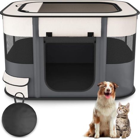 Dog Kennel 70 x 55 x 45 cm Foldable Rectangular Delivery Room Cat House Puppy House Closed Pet Tent with Carry Bag (Grey) (1/5)