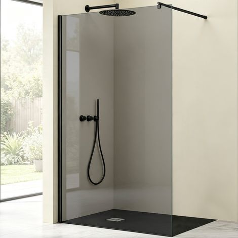 Mai & Mai Paroi de Douche Fumée 140x200 Douche à L'italienne Gris Teintée BR1VG Verre 8mm avec Revêtement Nano Easy Clean Stabilisateur Rond Noir