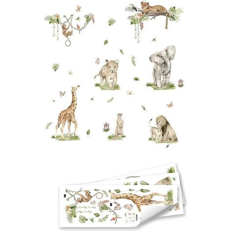 Adesivi murali per bambini - Rami con animali della giungla - Adesivi murali con animali in un parco faunistico - Decorazione murale con elefante, leopardo e giraffa - Asilo nido - Camera dei bambini (1/5)