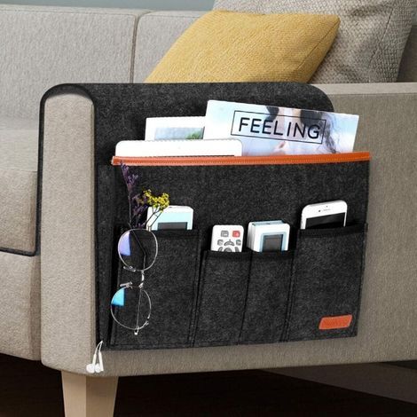 Sac d’organisateur pour accoudoir de canapé en feutre gris foncé avec 5 poches – Support télécommande, tablette, lunettes et câbles (1/4)