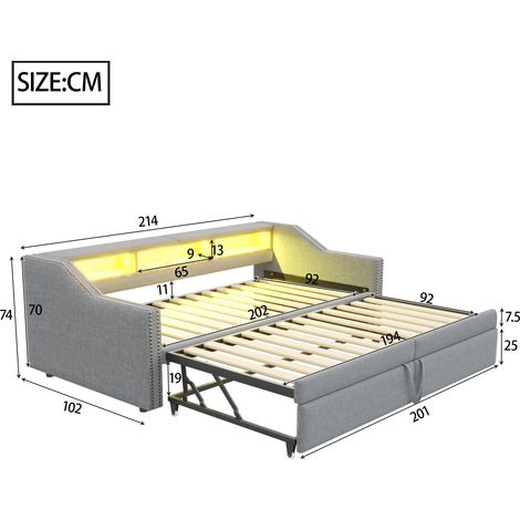 Lit coffre escamotable convertible 90/180 x 200 cm, canapé-lit avec rangement, éclairage LED et port USB, sommier intégré, gris clair (1/5)