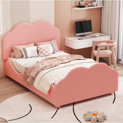 lit enfant couchage bas barrière 90x200 velours rose OKMYHOME (1/5)