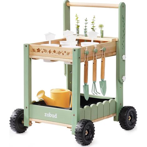 Outils de jardin pour enfants avec chariot en bois, outil de jardin avec arrosoir, pelle, râteau, pots de fleurs et tubes hydroponiques, kit de jardin éducatif pour garçons et filles à partir de (1/5)