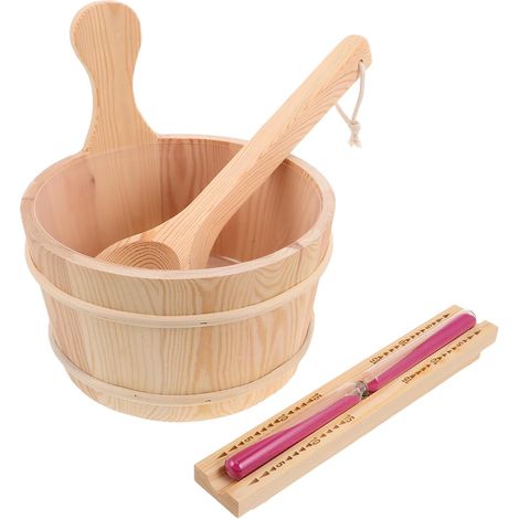 Seau de Sauna en Bois 4 L Étanche avec Louche Ergonomique et Sablier 3 Pièces Accessoires Sauna pour Spa et Hammam, Ustensiles Traditionnels pour Bain et Bien- (1/5)