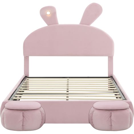 Cama canapé doble 140x200 cm de terciopelo rosa con orejas de conejo, LED y 2 taburetes (1/5)