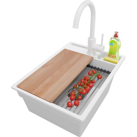 PRIMAGRAN Evier Cuisine en Granit 38x53cm, Lavabo 1 bac + Robinet 32x20cm + Kit de Vidage + Accessoires, Évier à Encastrer au meuble 40cm - Oslo Pocket, Blanc (1/5)