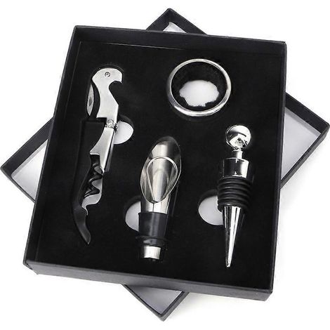 Coffret cadeau de 4 outils à vin en acier inoxydable : ouvre-bouteille, tire-bouchon et verseur. (1/5)