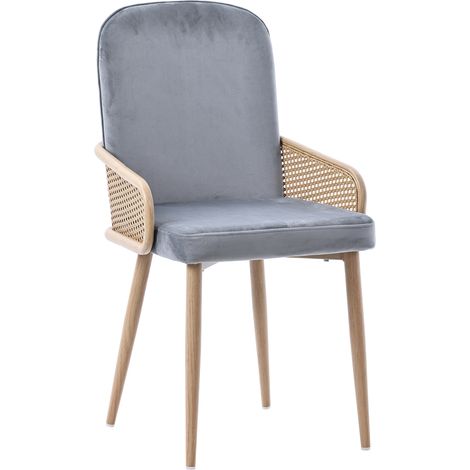 Set mit 4 Esszimmerstühlen aus grauem Samt mit Rattandesign und Metallbeinen in Holzoptik (1/5)