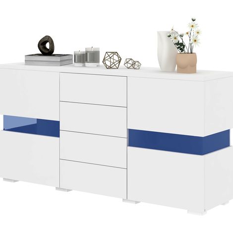 Sideboard mit 2 Acrylturen und 4 Schubladen, LED per App, fur Wohn oder Esszimmer, MDF, Weiss, 140 x 35 x 72 cm (1/5)