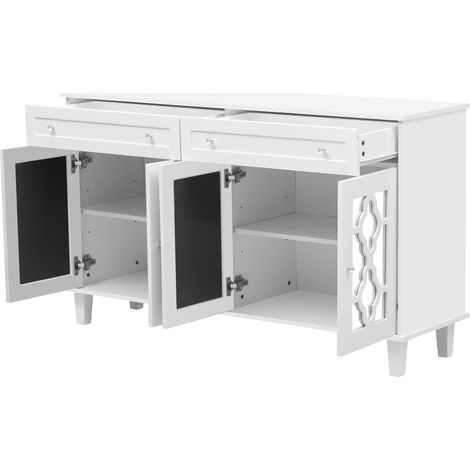 Buffet avec quatre portes miroir, meuble à tiroirs, étagères réglables et poignées en cristal (1/5)
