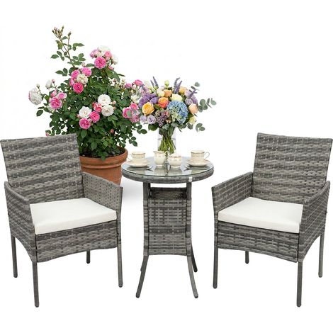 Relaxdays Gartenmöbel Set, 3-tlg. Rattan Sitzgruppe, 2 Personen, 2x Sessel & Glastisch, Loungemöbel, outdoor, grau